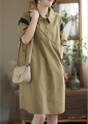 Art Khaki Patchwork Button Cotton Mid Dress Summer