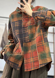 Art Khaki Peter Pan Collar Patchwork Plaid Fine Cotton Filled Shirts Winter