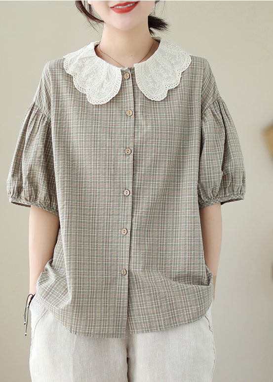 Art Khaki Peter Pan Collar Plaid Cotton Blouses Summer