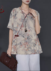 Art Khaki Print Chinese Button Chiffon Blouses Summer