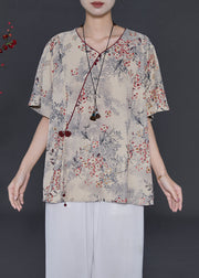 Art Khaki Print Chinese Button Chiffon Blouses Summer