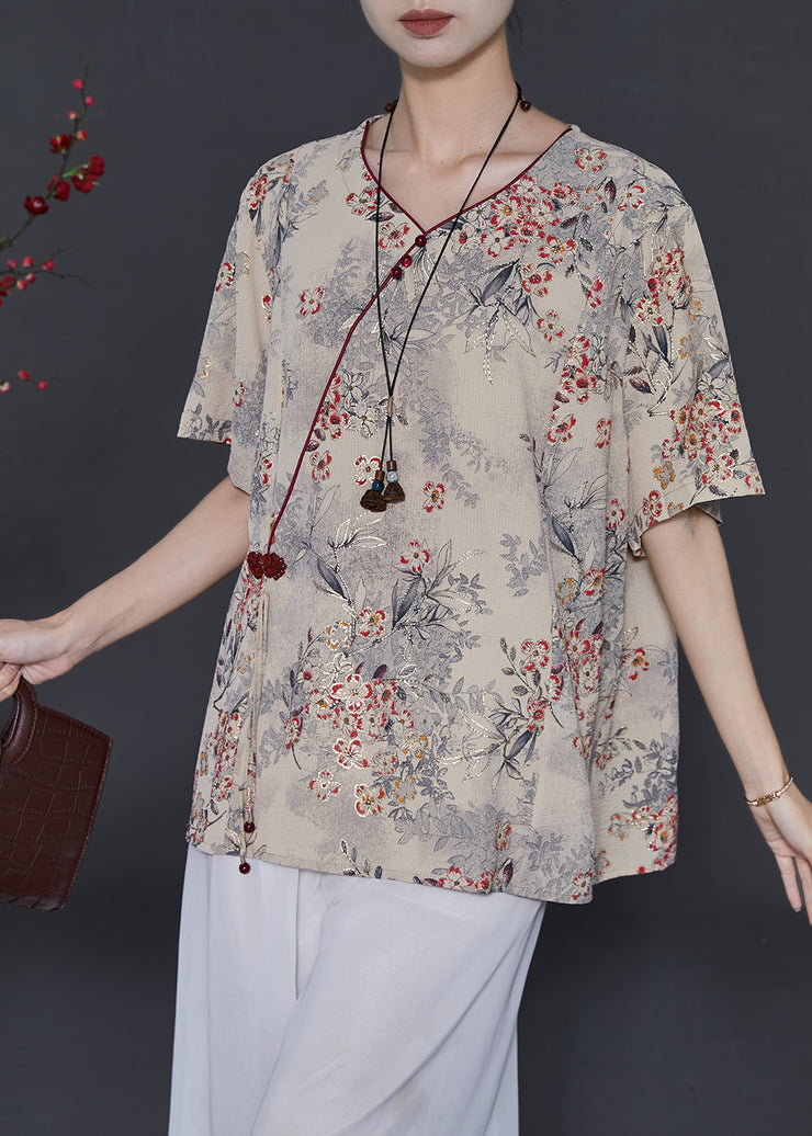 Art Khaki Print Chinese Button Chiffon Blouses Summer