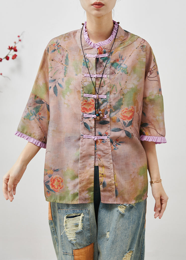 Art Khaki Ruffled Print Chinese Button Linen Blouse Tops Summer