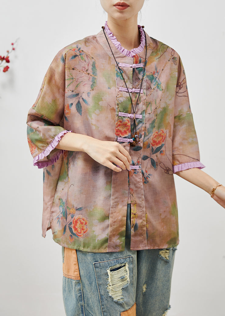 Art Khaki Ruffled Print Chinese Button Linen Blouse Tops Summer