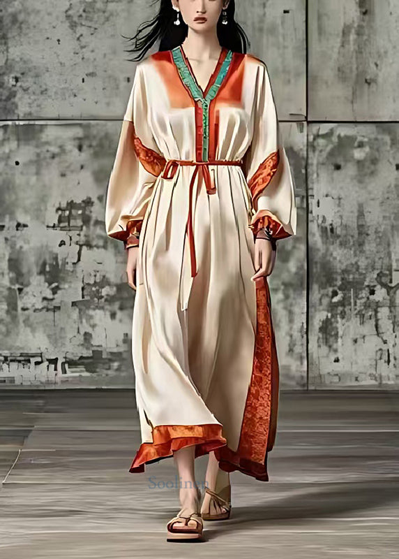 Art Khaki Tie Waist Side Open Silk Vacation Dresses Spring