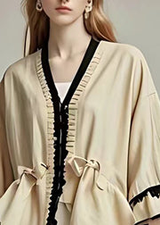 Art Khaki V Neck Asymmetrical Cotton Coats Half Sleeve