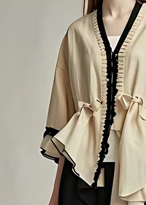 Art Khaki V Neck Asymmetrical Cotton Coats Half Sleeve