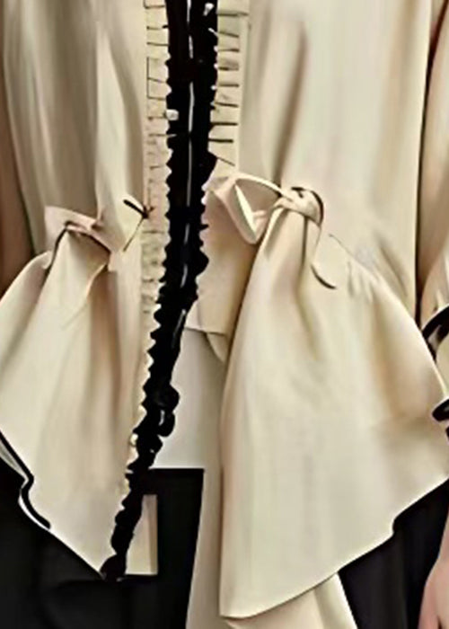 Art Khaki V Neck Asymmetrical Cotton Coats Half Sleeve