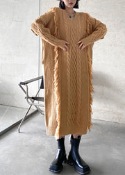 Art Khaki V Neck Cozy Thick Knit Long Sweaters Dress Winter