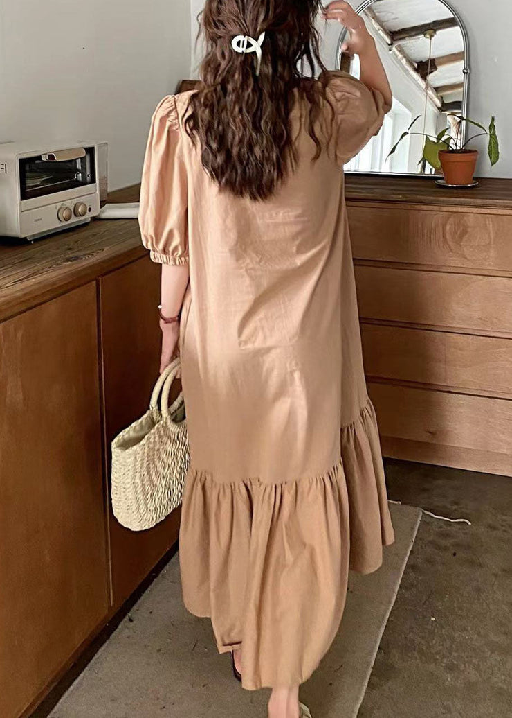 Art Khaki V Neck Patchwork Wrinkled Cotton Long Dress Puff Sleeve