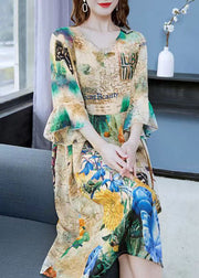 Art Khaki V Neck Print Wrinkled Patchwork Chiffon Dress Butterfly Sleeve