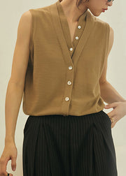 Art Khaki V Neck Solid Thin Knit Woolen Top Summer