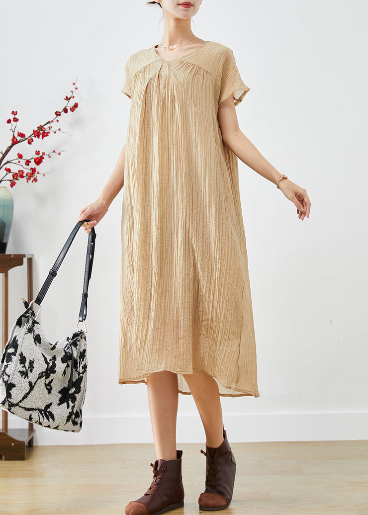 Art Khaki V Neck Wrinkled Cotton Maxi Dresses Summer