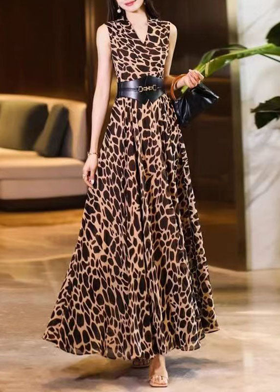 Art Leopard Print V Neck Sashes Chiffon Long Dresses Summer