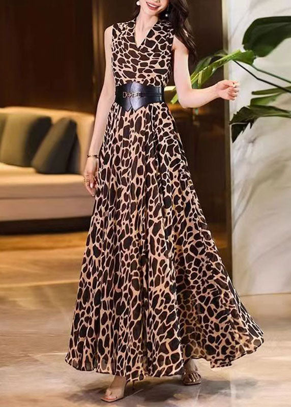 Art Leopard Print V Neck Sashes Chiffon Long Dresses Summer