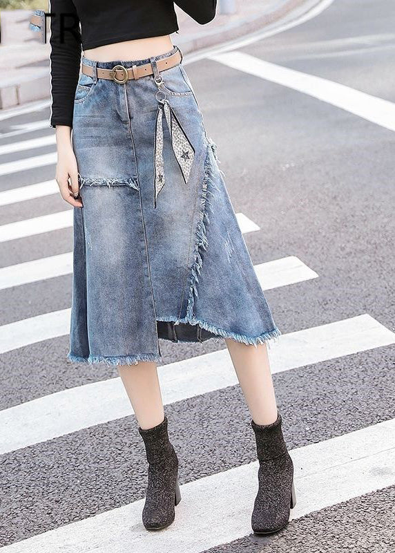 Art Light Blue Asymmetrical Patchwork High Waist Denim Skirt Summer