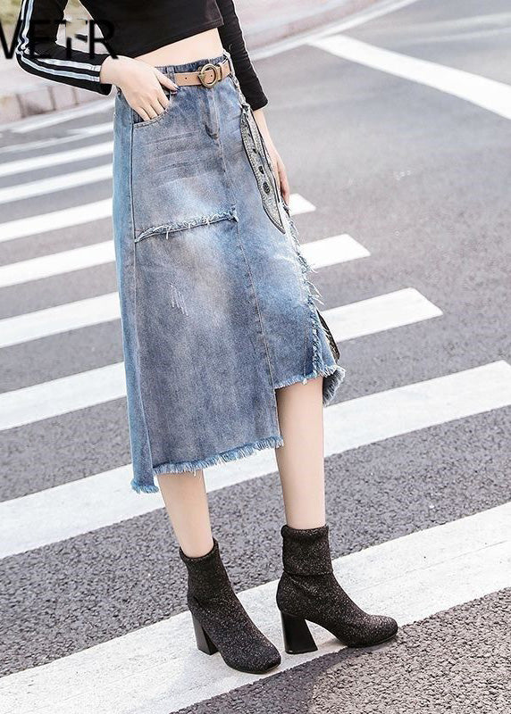 Art Light Blue Asymmetrical Patchwork High Waist Denim Skirt Summer