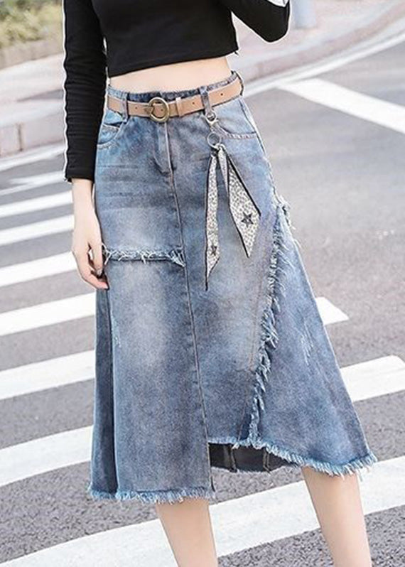 Art Light Blue Asymmetrical Patchwork High Waist Denim Skirt Summer