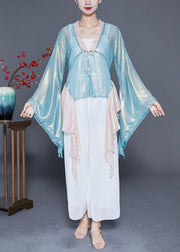 Art Light Blue Asymmetrical Patchwork Silk Top Flare Sleeve