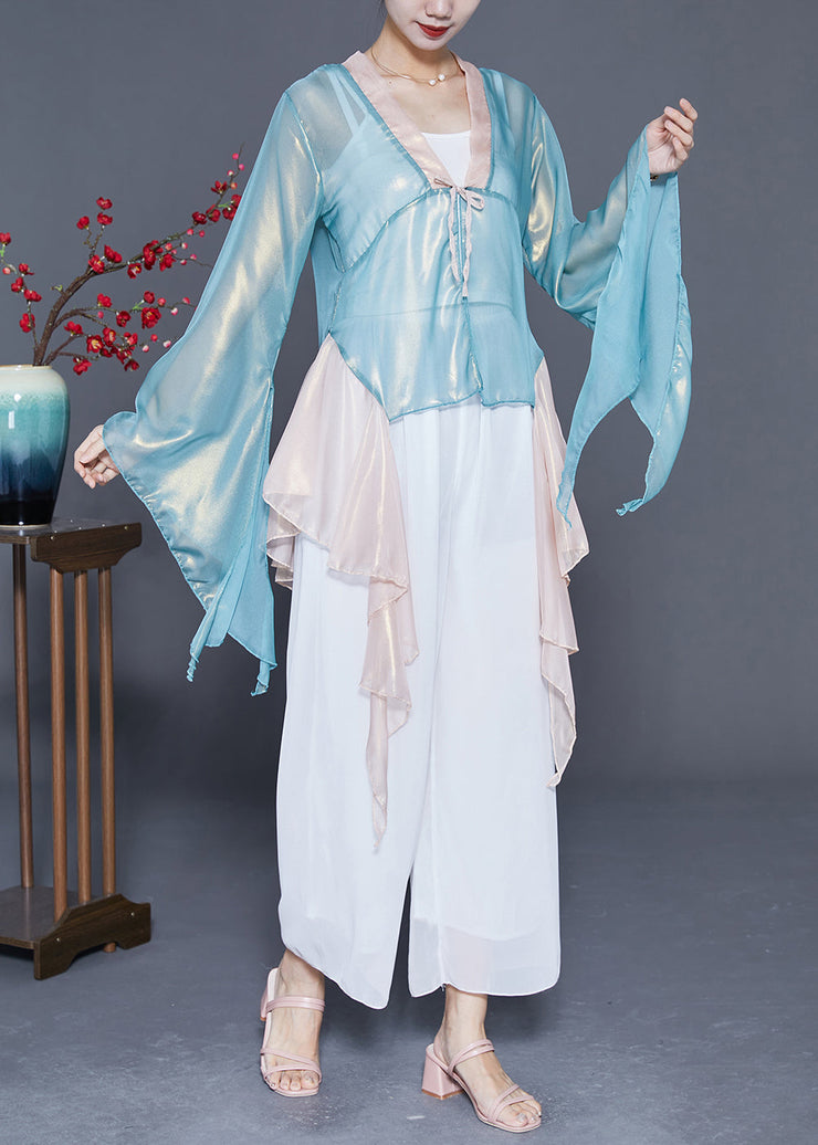 Art Light Blue Asymmetrical Patchwork Silk Top Flare Sleeve