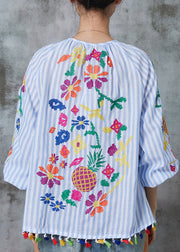 Art Light Blue Embroidered Striped Tasseled Cotton Shirt Top Spring