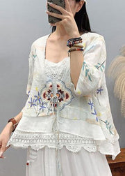 Art Light Blue Embroideried Patchwork Linen Shirt Top Short Sleeve