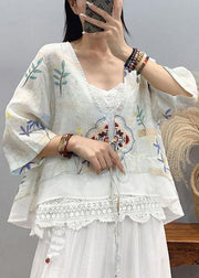 Art Light Blue Embroideried Patchwork Linen Shirt Top Short Sleeve