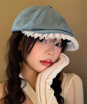 Art Light Blue Lace Ruffled Patchwork Denim Beret Hat