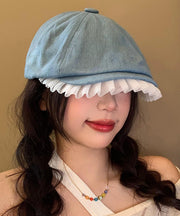 Art Light Blue Lace Ruffled Patchwork Denim Beret Hat