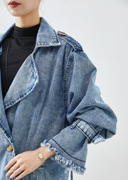 Art Light Blue Lapel Double Breast Denim Trench Coats Fall