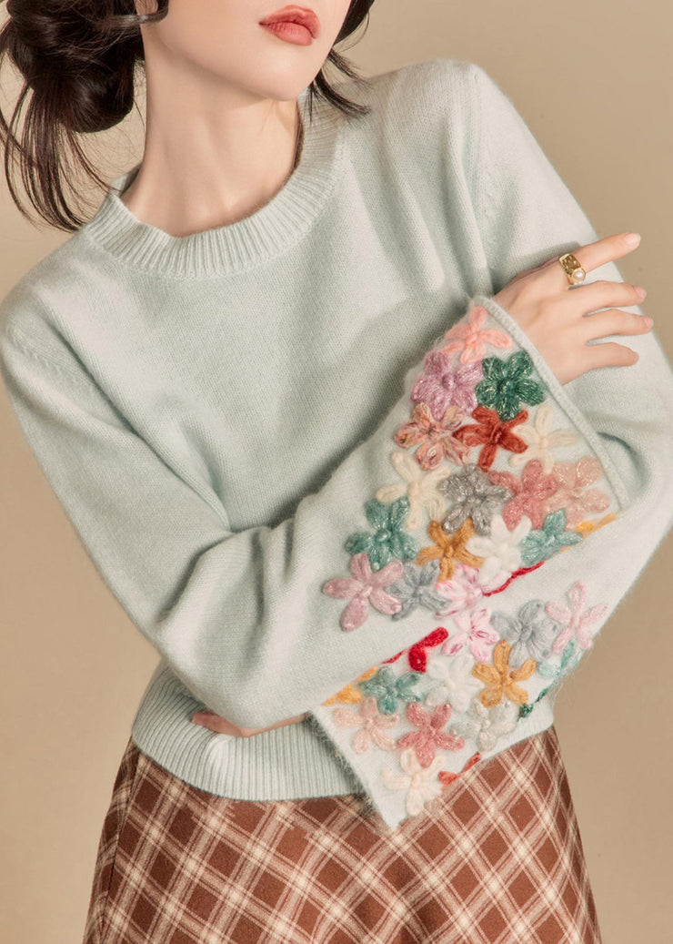 Art Light Blue O Neck Floral Patchwork Knit Sweater Flare Sleeve