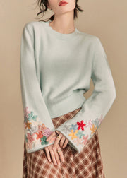 Art Light Blue O Neck Floral Patchwork Knit Sweater Flare Sleeve