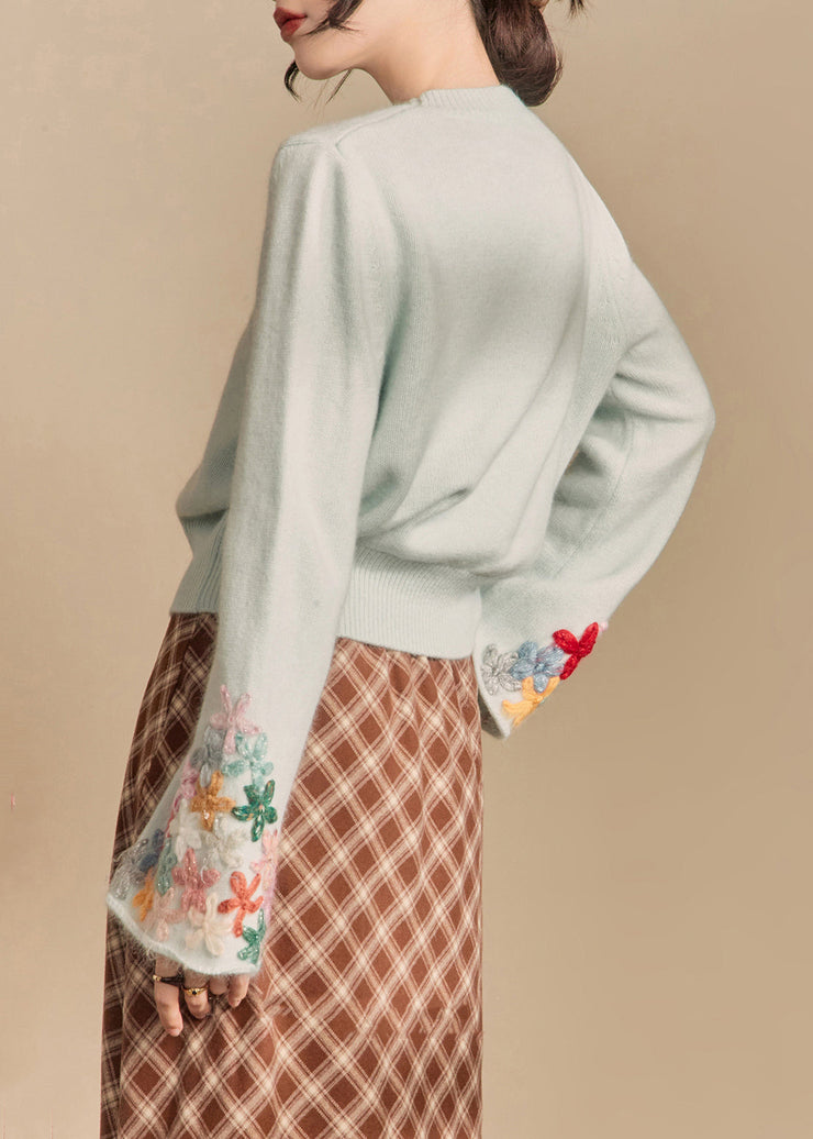 Art Light Blue O Neck Floral Patchwork Knit Sweater Flare Sleeve