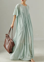 Art Light Blue Oversized Patchwork Cotton Long Dress Summer