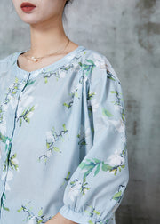 Art Light Blue Oversized Print Cotton Blouses Bracelet Sleeve