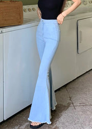 Art Light Blue Pockets Patchwork Flared Trousers Summer