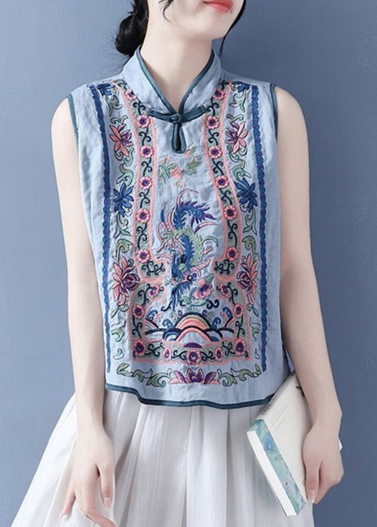 Art Light Blue Stand Collar Embroidered Floral Waistcoat Summer