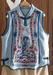 Art Light Blue Stand Collar Embroidered Floral Waistcoat Summer