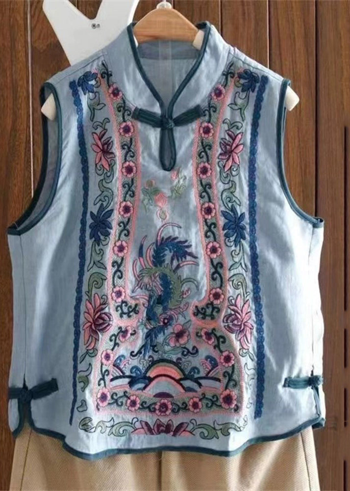 Art Light Blue Stand Collar Embroidered Floral Waistcoat Summer