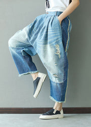 Art Light Blue Tasseled Pockets Patchwork Denim Pants Spring