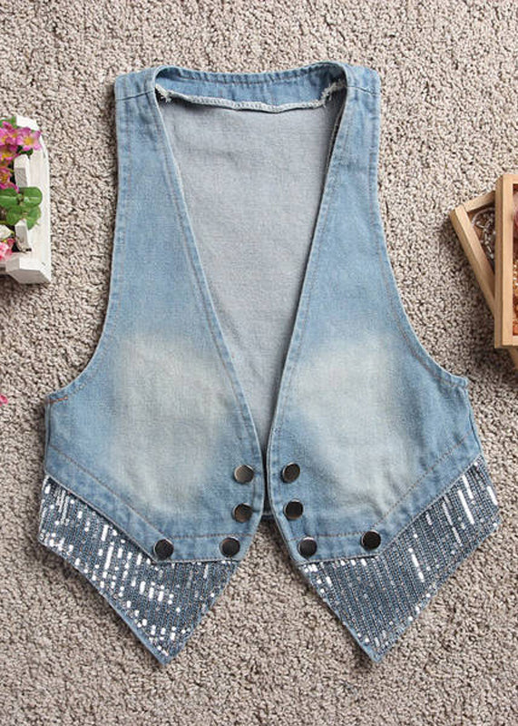 Art Light Blue V Neck Patchwork Button Denim Waistcoat Fall