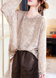 Art Light Coffee O-Neck Embroideried Chiffon Top And Slip Two Piece Set Long Sleeve