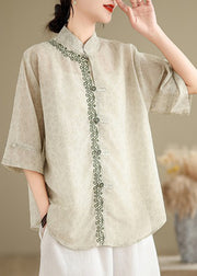 Art Light Green Embroidered Print Linen Oriental Top Summer