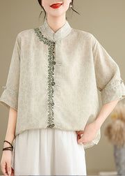 Art Light Green Embroidered Print Linen Oriental Top Summer