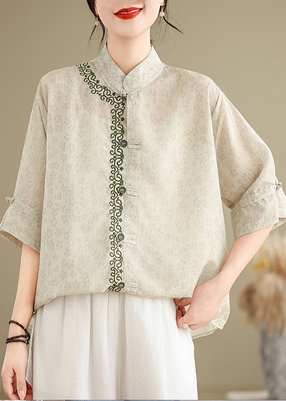 Art Light Green Embroidered Print Linen Oriental Top Summer