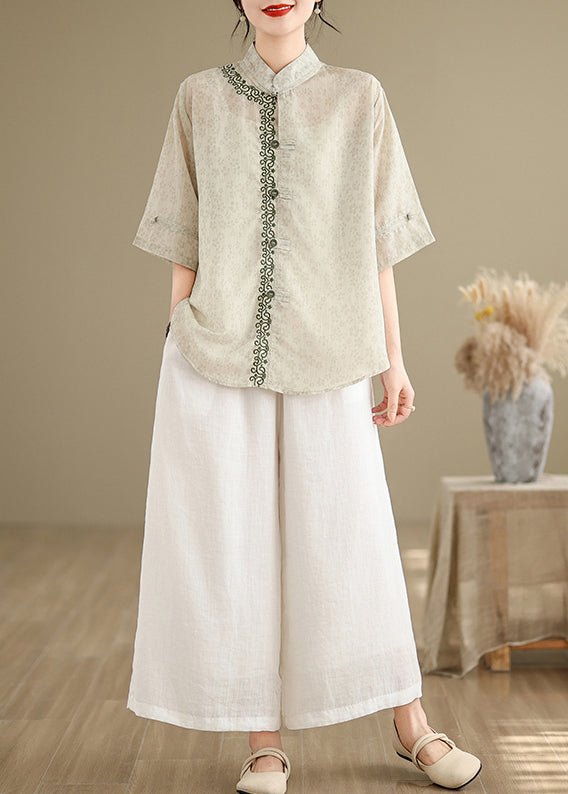 Art Light Green Embroidered Print Linen Oriental Top Summer