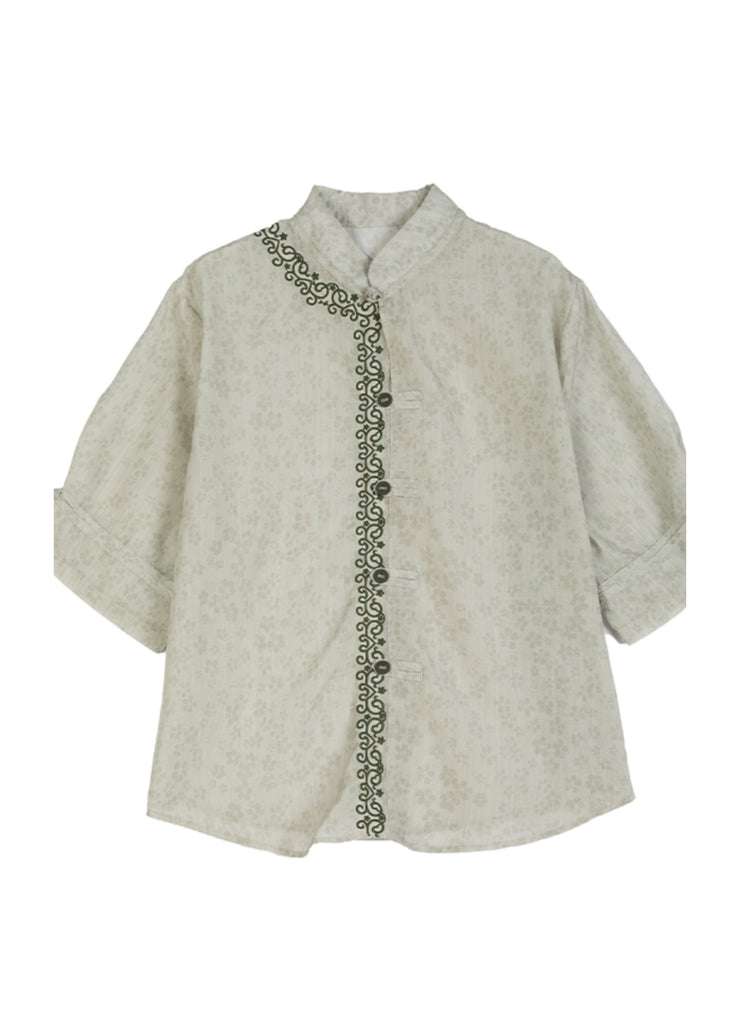 Art Light Green Embroidered Print Linen Oriental Top Summer