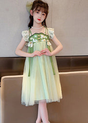 Art Light Green Embroideried Tassel Tulle Kids Maxi Dress Short Sleeve