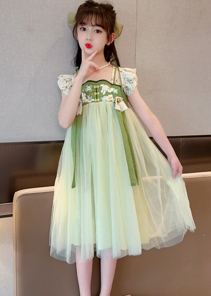 Art Light Green Embroidered Tassel Tulle Kids Maxi Dress Short Sleeve