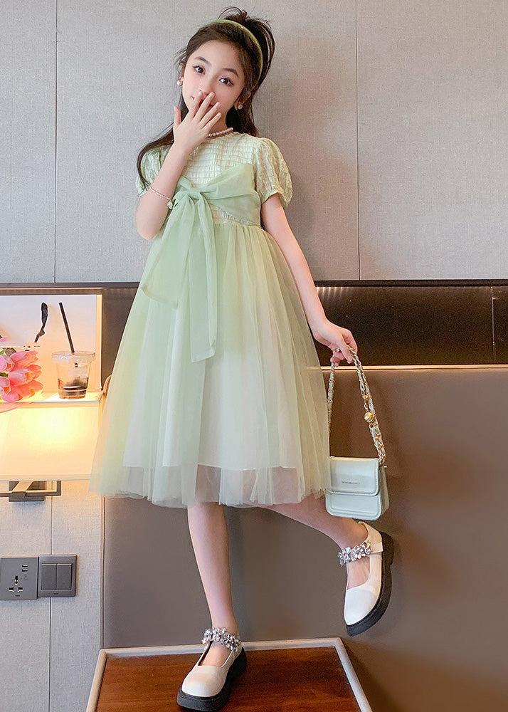 Art Light Green O-Neck Bow Tulle Kids Long Dresses Summer